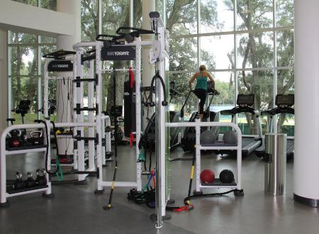 A photo of a fitness center showing fitness equipment